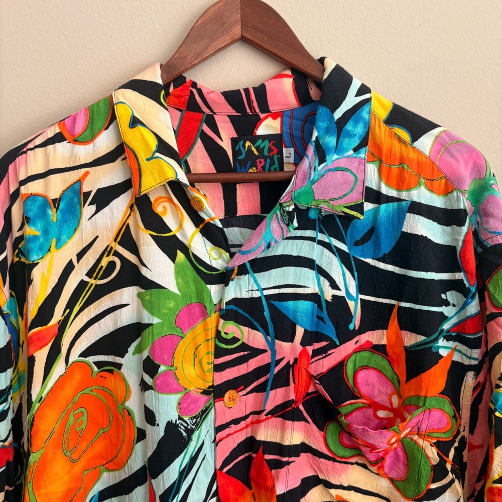 RARE Vintage 80s 90s Jams World Mulitcolor Floral Alohal Hawaiian Button Shirt